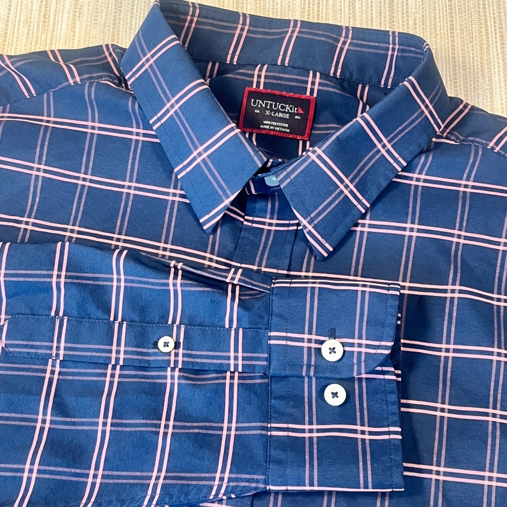 UNTUCKit Tayson Button Down Shirt Mens XL Navy Pink Plaid Long Sleeve Polyester